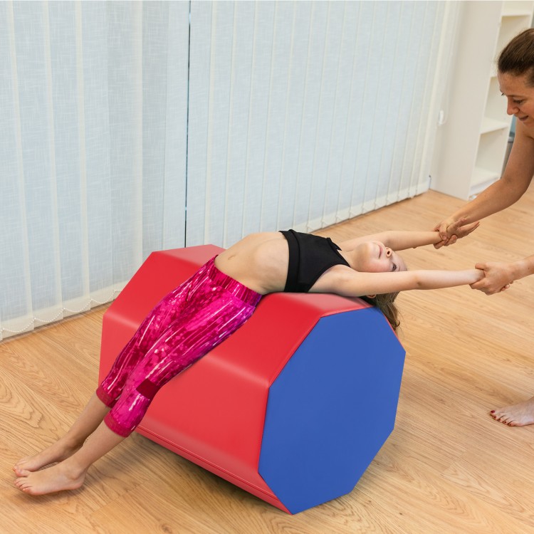 Octagon gymnastics mat in red and blue, 24.5 inches, ideal for training skills like walkovers and handsprings.