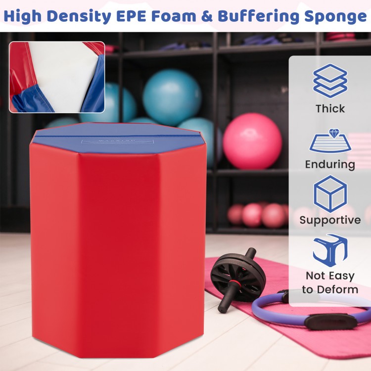 Red octagon gymnastics mat with waterproof cover, 24.5-inch, ideal for training skills in gymnastics and cheerleading.