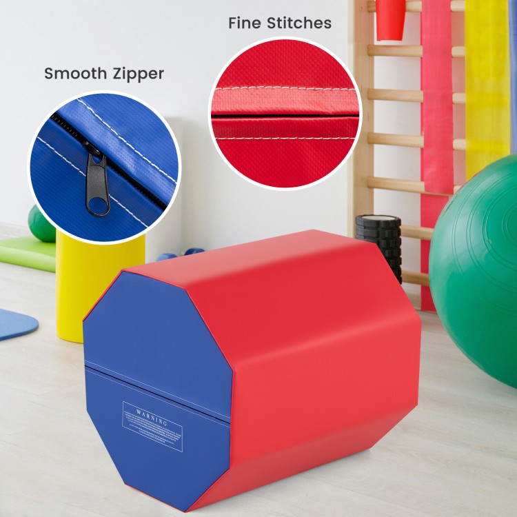 Red octagon gymnastics mat with waterproof zippered cover, fine stitches, ideal for training and safe use in various.