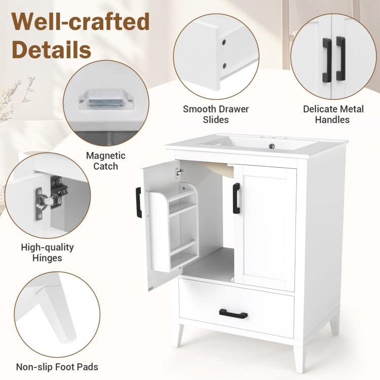 Modern 24.5" white bathroom vanity with sink, featuring two doors, a drawer, and smooth drawer slides for easy access.