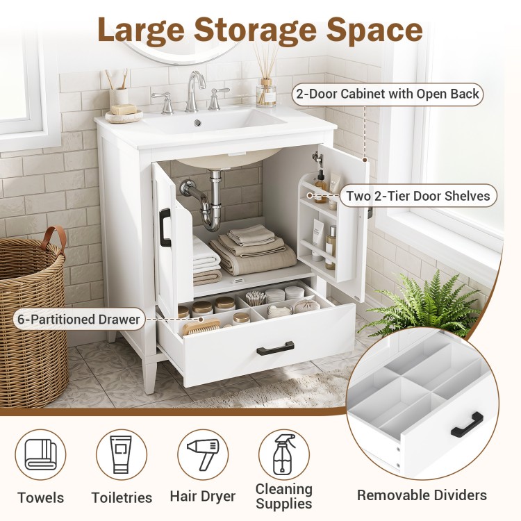 Modern 24.5" bathroom vanity in white features a ceramic sink, two doors, and a partitioned drawer for organized storage.