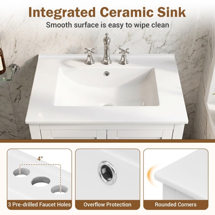 Modern bathroom vanity with integrated ceramic sink, 3 pre-drilled faucet holes, and rounded corners for safety.