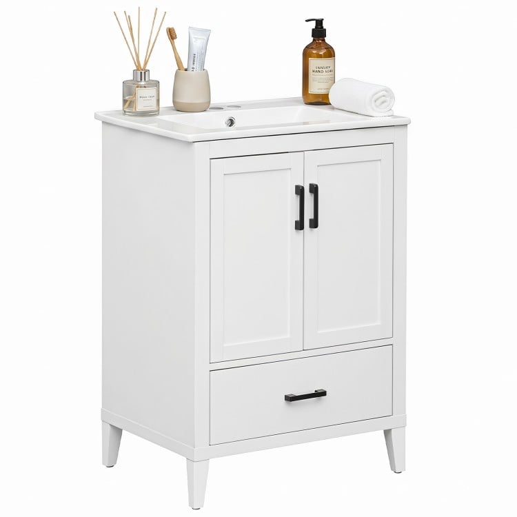 Modern 24.5" white bathroom vanity with sink showcases a smooth ceramic basin, anti-slip foot pads, and a stylish design.