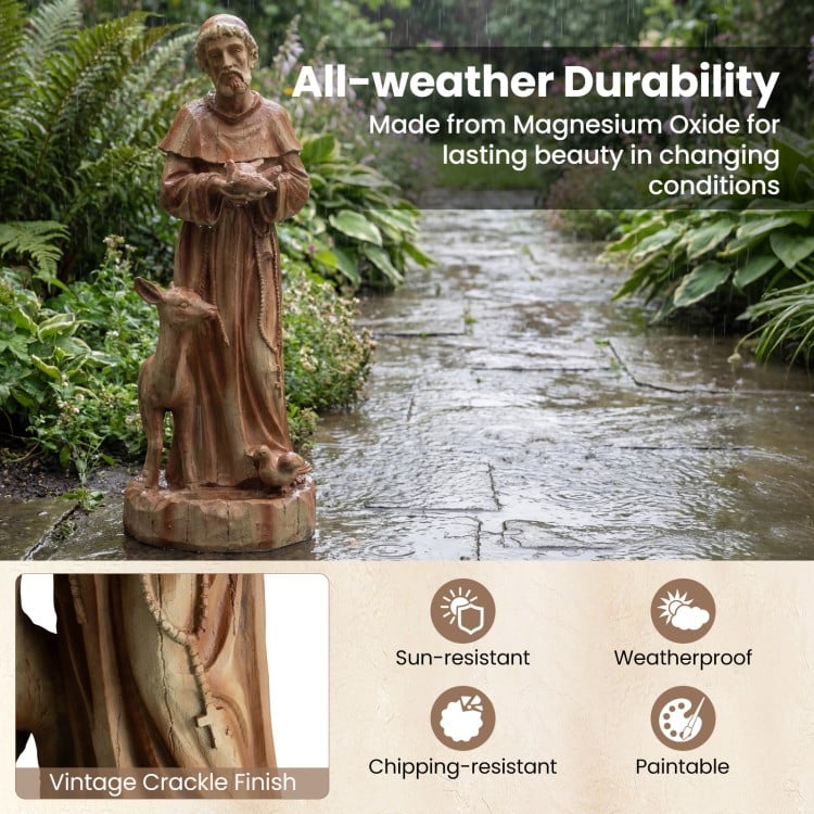 24.5-inch St. Francis statue in rustic brown with bird feeder, made from magnesium oxide for all-weather durability.