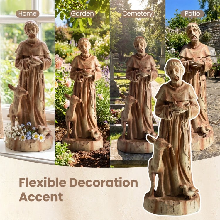 St. Francis statue with bird feeder in rustic brown, made from weatherproof magnesium oxide for garden or home decor.