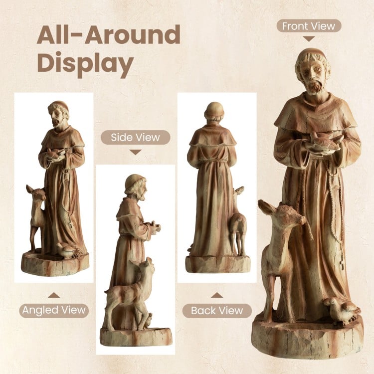 St. Francis statue with bird feeder in rustic brown, showcasing a calming scene with animals, ideal for garden decor.