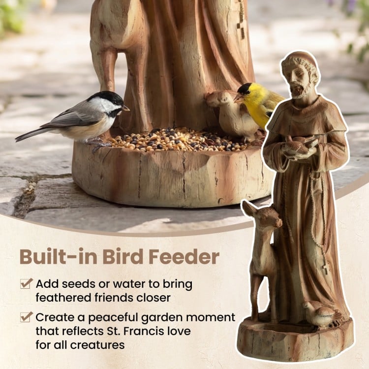 St. Francis statue with built-in bird feeder, rustic brown finish, perfect for gardens and attracting birds.