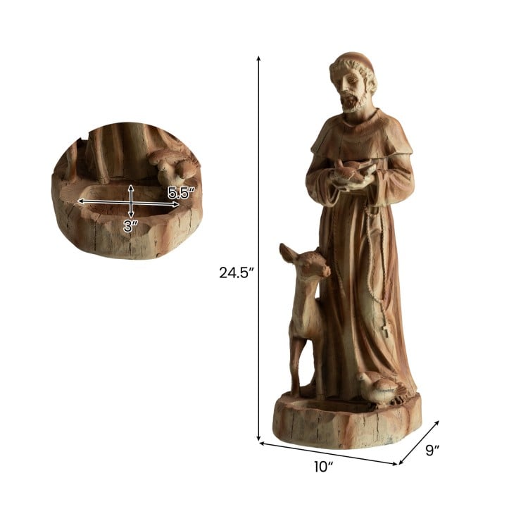 St. Francis statue with bird feeder, rustic brown, 24.5 inches tall, ideal for garden or home decor.