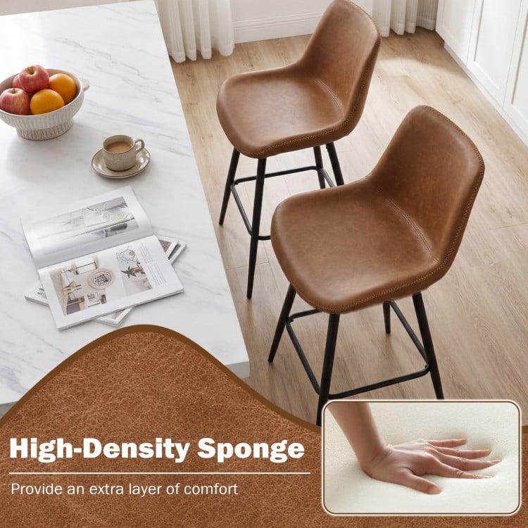 Set of two 24-inch brown bar stools with curved backs and footrests, featuring high-density sponge for added comfort.