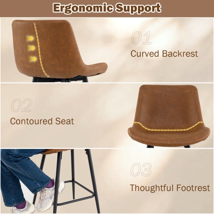 Curved backrest and contoured seat of a 24-inch brown bar stool set, designed for ergonomic support and comfort.