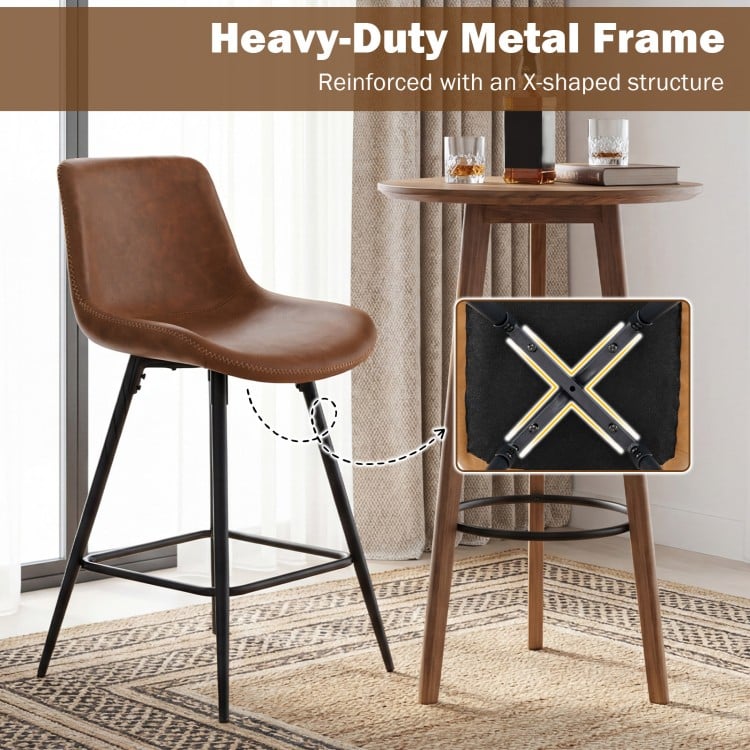 24-inch brown bar stool with curved back and footrest, featuring a heavy-duty metal frame for added stability.