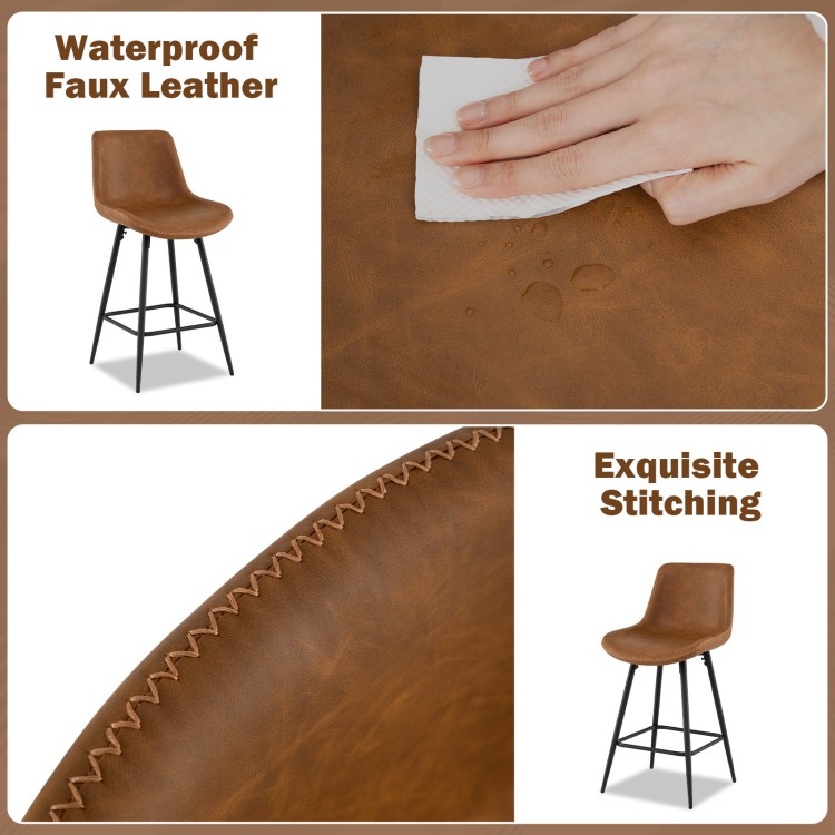 Brown faux leather bar stool with curved back and footrest, featuring waterproof upholstery and exquisite stitching.