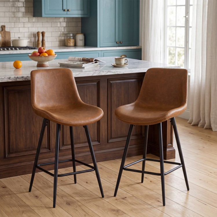 Single brown 24-inch bar stool with a curved back and sturdy metal legs, designed for comfort and stylish dining spaces.