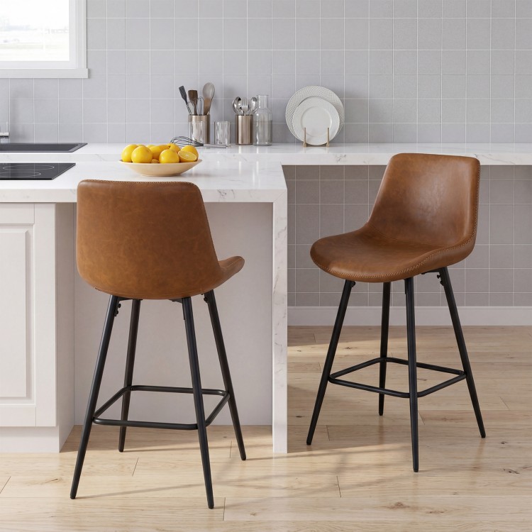 Brown 24-inch bar stools set of 2 with backs and footrests, featuring faux leather upholstery and sturdy metal legs.