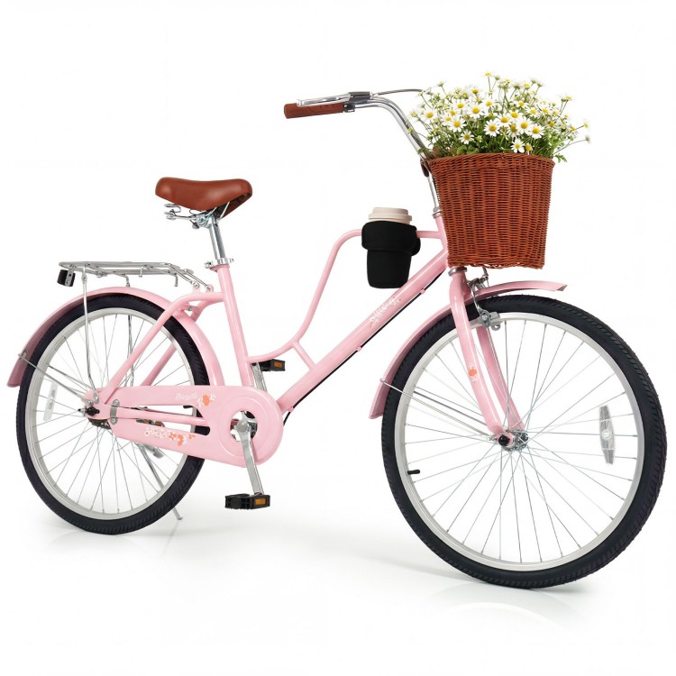 24-inch pink beach cruiser bike with woven basket, cup holder, and adjustable seat for comfortable riding.