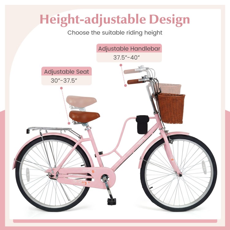24-inch pink beach cruiser bike featuring adjustable seat and handlebar, woven basket, and cup holder for convenience.