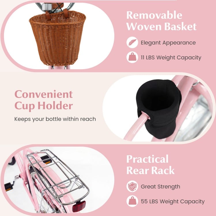 Removable woven basket in pink with 11 lbs capacity, ideal for storage on the 24-inch beach cruiser bike.