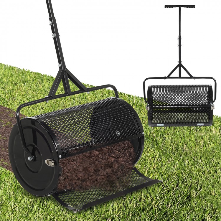24-inch compost spreader roller with adjustable T-shaped handle, designed for efficient lawn and garden topdressing.