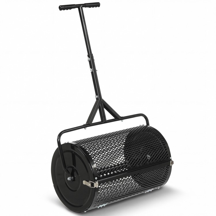 24-inch compost spreader roller with height-adjustable T-shaped handle for efficient lawn and garden topdressing.