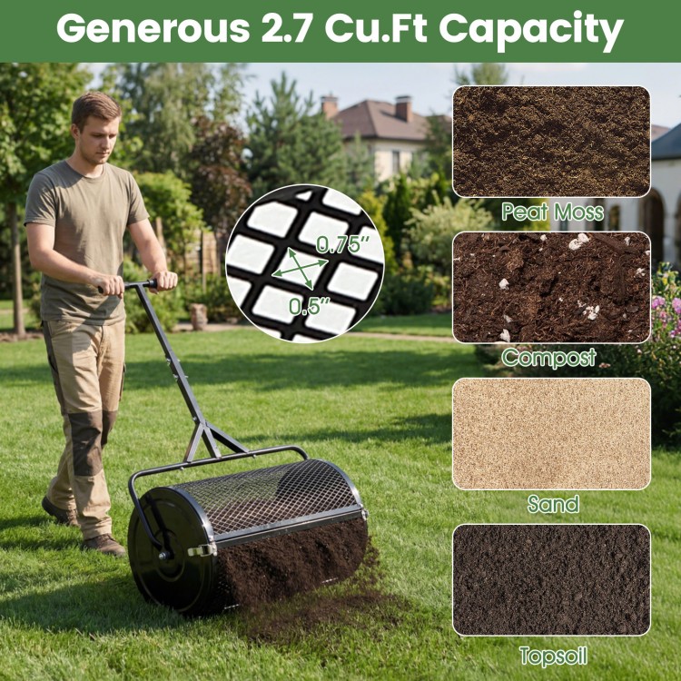 24-inch compost spreader with height-adjustable T-shaped handle, designed for efficient lawn topdressing and easy.