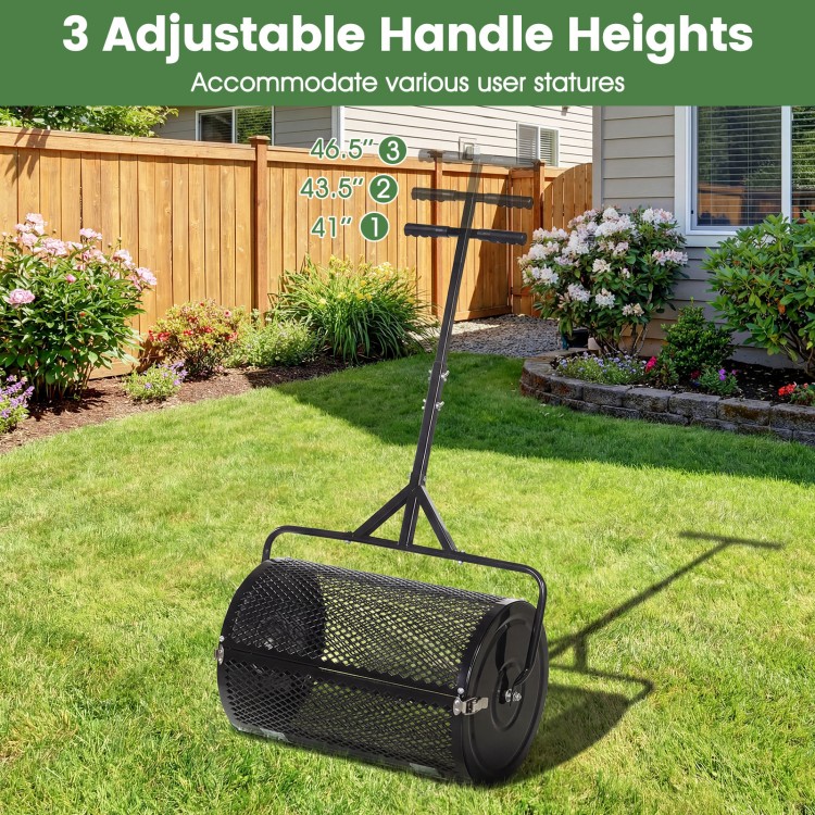 24-inch compost spreader with adjustable T-shaped handle, designed for easy filling and efficient lawn topdressing.
