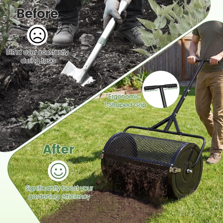 24-inch compost spreader with ergonomic T-shaped handle, designed for efficient lawn and garden topdressing.