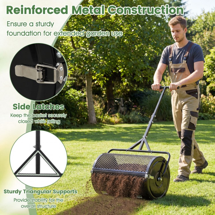 24-inch compost spreader with adjustable T-shaped handle, reinforced metal construction for efficient lawn topdressing.