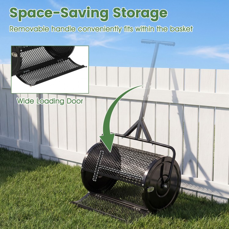 24-inch compost spreader with wide loading door and adjustable T-shaped handle, ideal for efficient lawn and garden use.