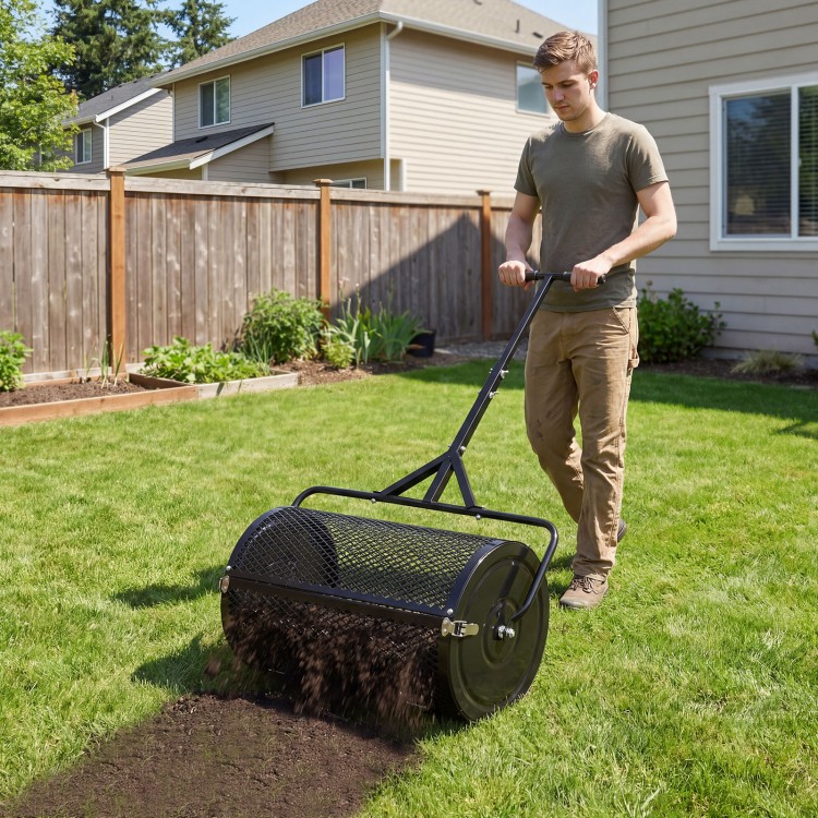24-inch compost spreader roller with height-adjustable T-shaped handle, ideal for efficient lawn and garden topdressing.