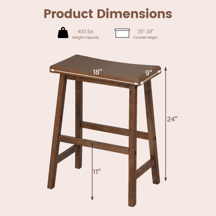 Dimensions of 24-inch counter height saddle bar stool, solid wood, supports 400 lbs, ideal for kitchen island seating.