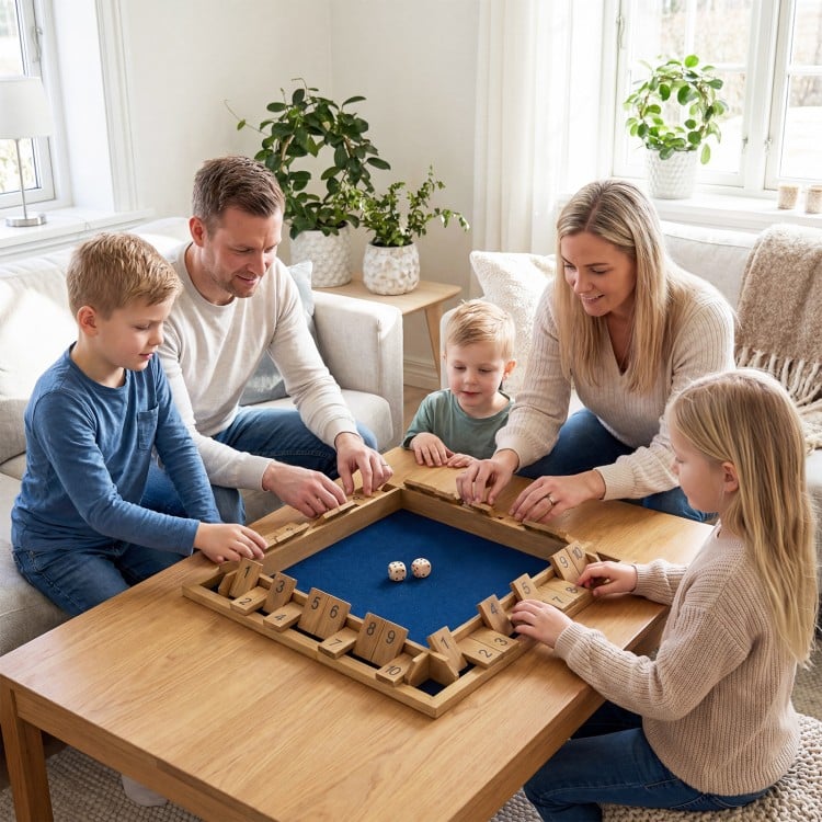 Family playing the 24-inch extra-large Shut The Box game on a coffee table, perfect for social gatherings and game.