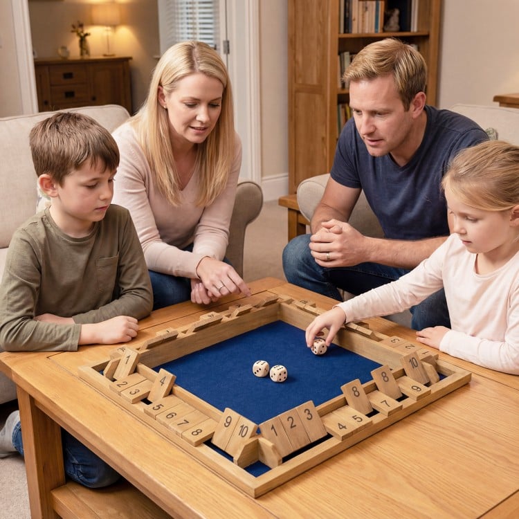 Extra-large 24 inch Shut The Box game for 2-4 players, featuring premium pine wood and silk-screened numbers for clear.
