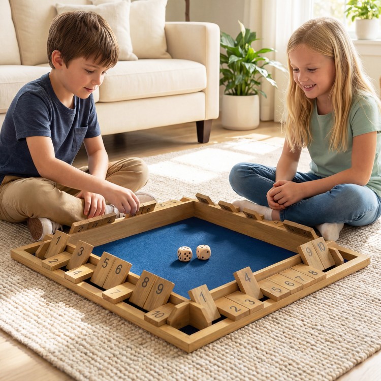Kids enjoying a game of 24-inch Shut The Box on a stylish felt surface, enhancing social bonds and strategic thinking.