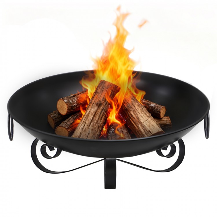 24-inch heavy-duty metal fire pit bowl with logs burning, ideal for outdoor gatherings and cozy nights.