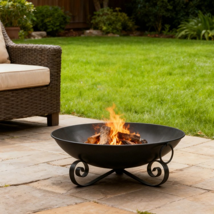 24-inch heavy-duty metal fire pit bowl with flames, designed for outdoor gatherings and built to last with rustproof.