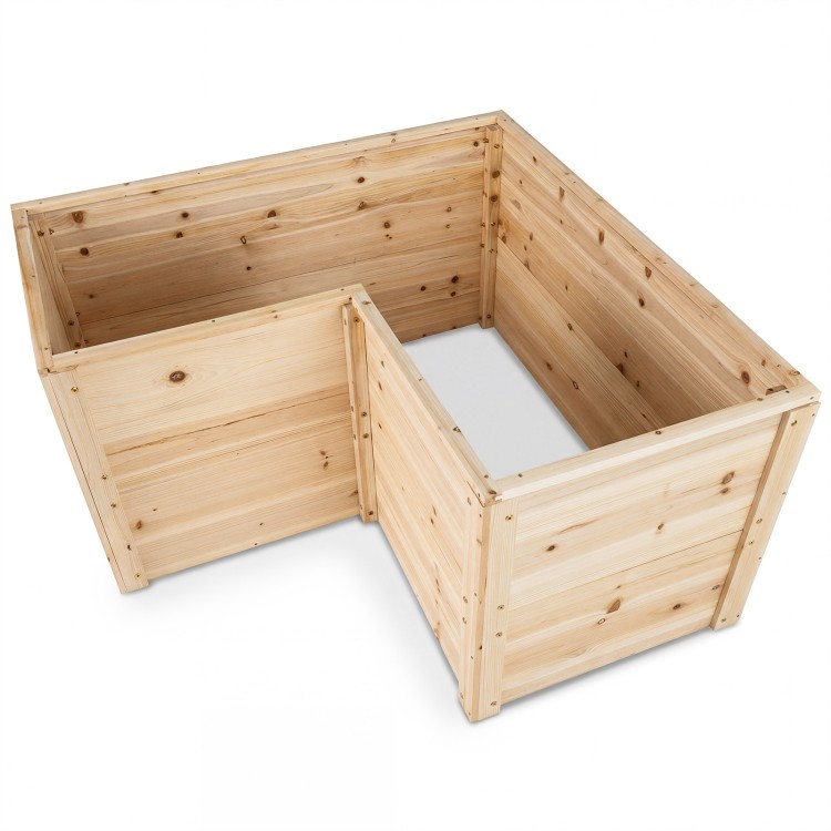L-shaped wooden raised garden bed made of natural fir, 24-inch depth, ideal for various plants with open-ended base.