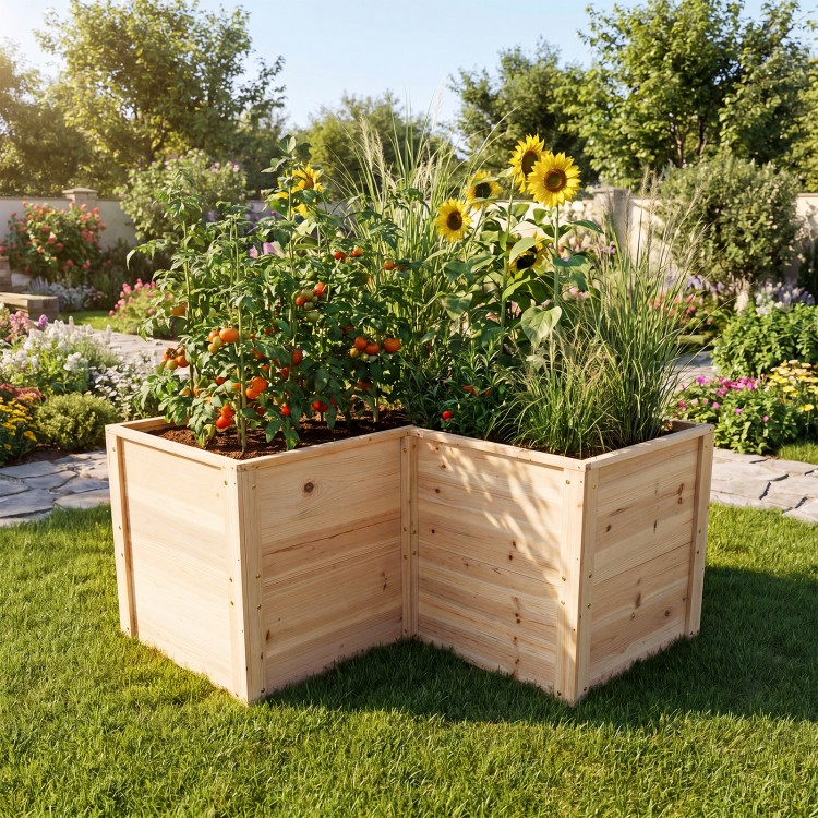 L-shaped 24-inch wooden raised garden bed made of natural fir, ideal for growing various plants in your garden.