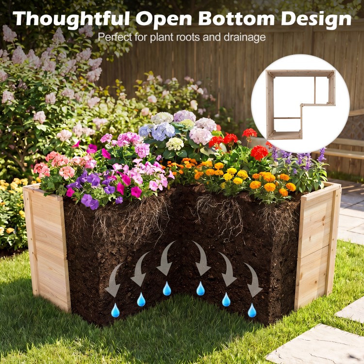 L-shaped wooden raised garden bed made of natural fir wood, featuring an open-ended base for optimal drainage and plant.