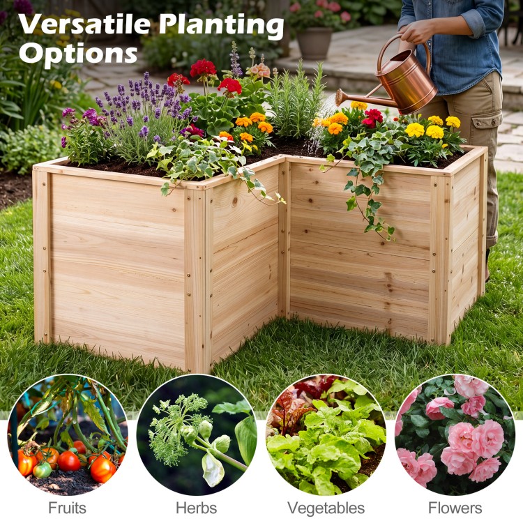 L-shaped 24-inch wooden raised garden bed made of natural fir, ideal for planting fruits, herbs, and flowers.