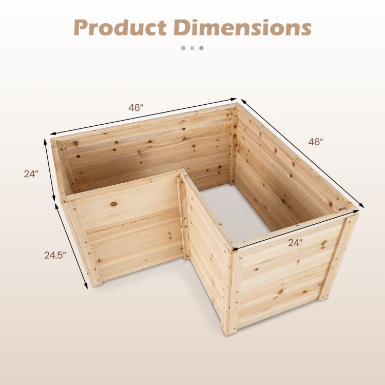 L-shaped wooden raised garden bed dimensions, 24" depth, made of natural fir wood for durable plant growth.