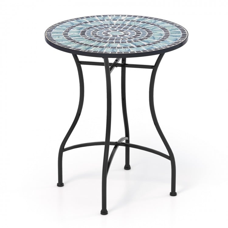 24-inch patio bistro table with blue ceramic tile tabletop and sturdy metal frame, perfect for indoor or outdoor use.