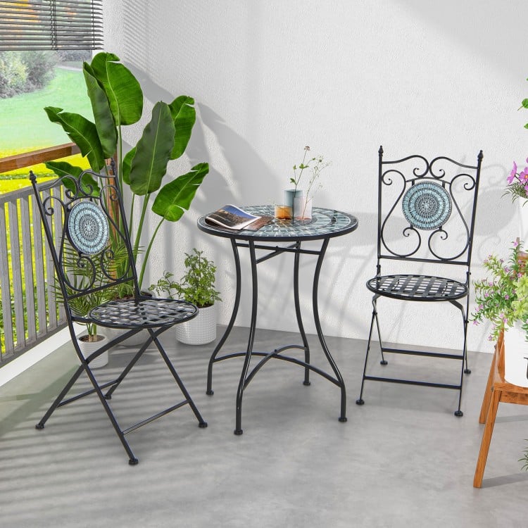 Bistro table set featuring a 24-inch ceramic tile tabletop and two metal chairs, perfect for indoor or outdoor.