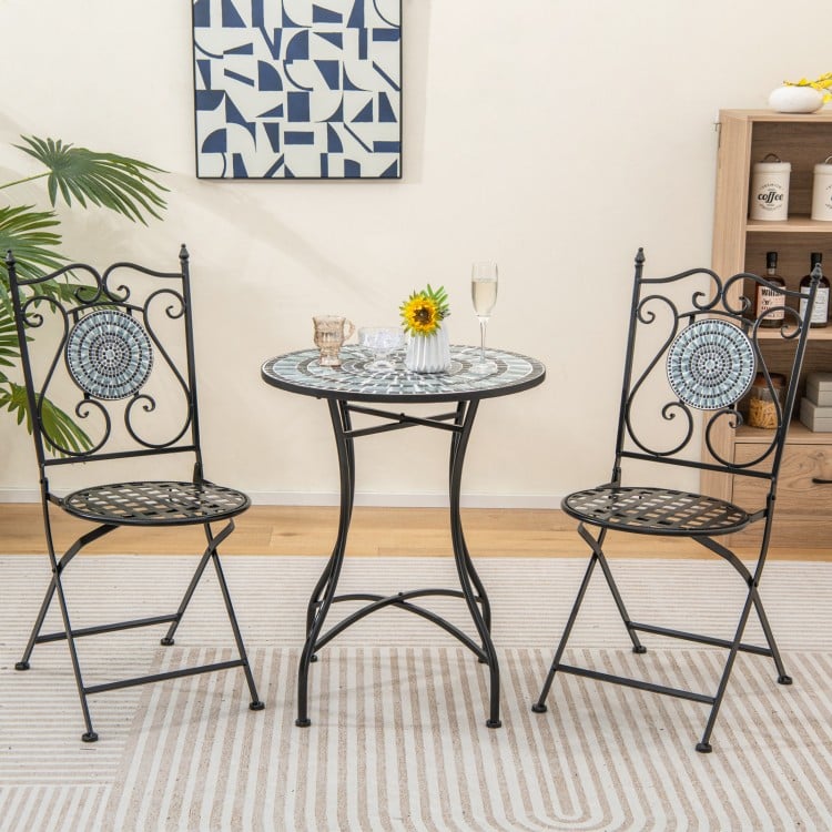 24-inch patio bistro table showcasing a vibrant blue ceramic tile design, ideal for cozy indoor or outdoor settings.