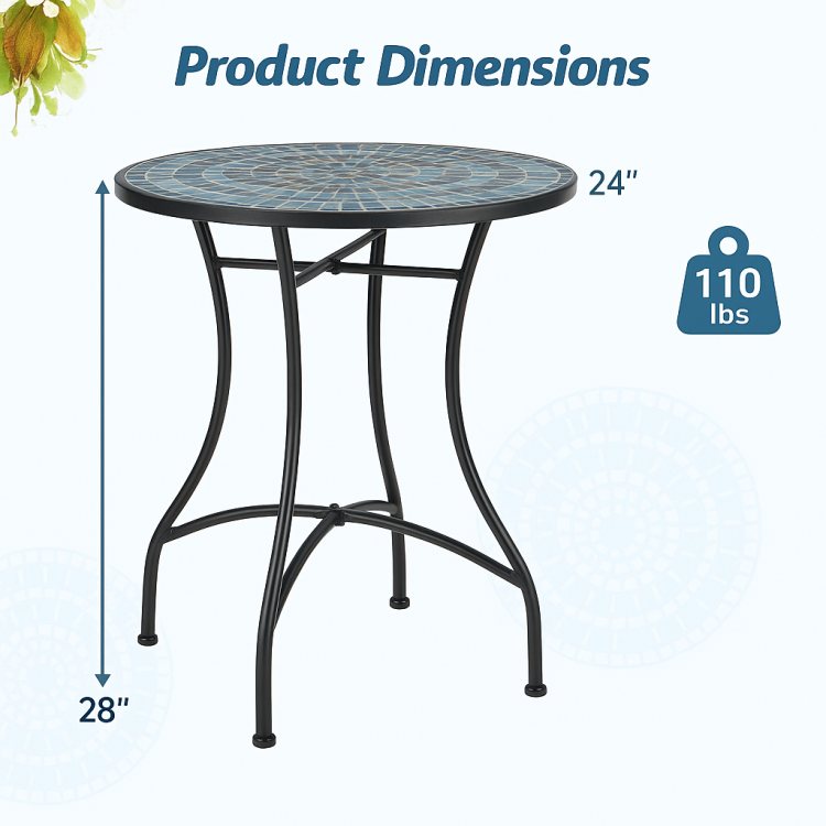 24-inch patio bistro table with ceramic tile tabletop in blue, featuring a heavy-duty metal frame and X-shaped design.