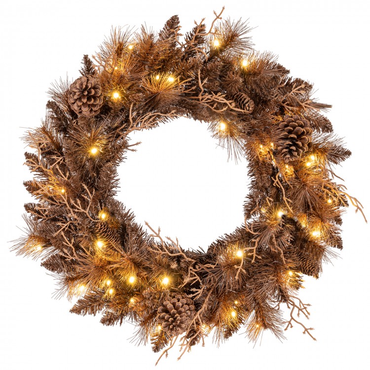 24-inch pre-lit Christmas wreath with 105 brown branch tips, 35 warm white LED lights, and natural pine cones for.