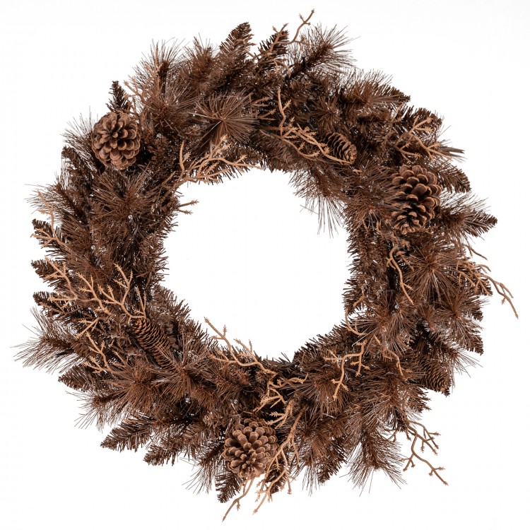 24-inch pre-lit Christmas wreath with 105 brown branch tips, 6 pine cones, and 35 warm white LED lights for festive.