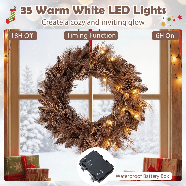 24-inch pre-lit Christmas wreath with 35 warm white LED lights and 105 branch tips, perfect for festive wall or door.