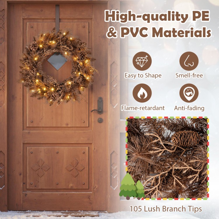 24-inch pre-lit Christmas wreath with 105 branch tips and 35 warm white LED lights, perfect for door decoration.