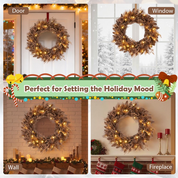 24-inch pre-lit Christmas wreath with 105 branch tips and 35 warm white LED lights, perfect for door or wall decoration.