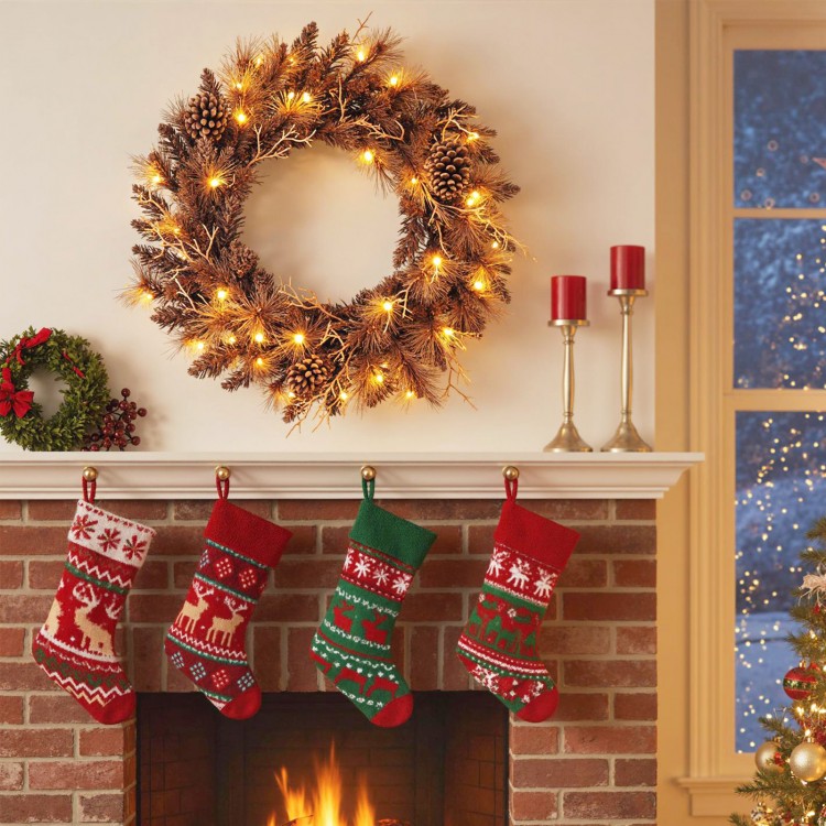 24-inch pre-lit Christmas wreath with 35 warm white LED lights and natural pine cones, perfect for festive wall decor.